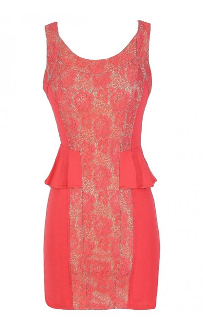 Classy Coral Lace Inset Peplum Dress